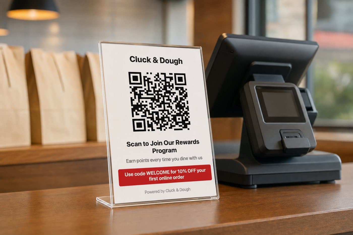 the counter card by the register: scan, join, 10% off the first direct order
