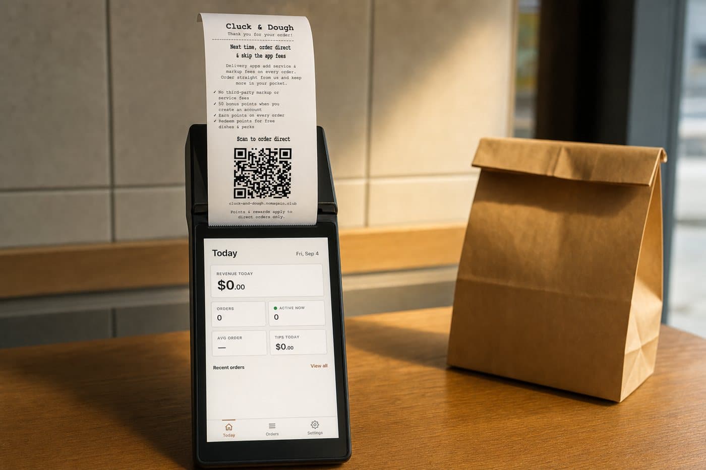 the handheld order device printing the “next time, order direct” slip