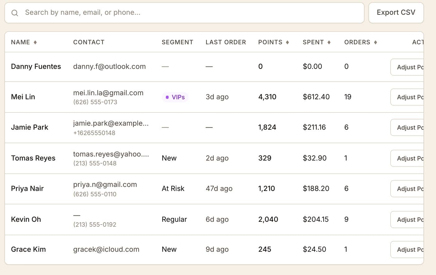 the customer list with the Export CSV button